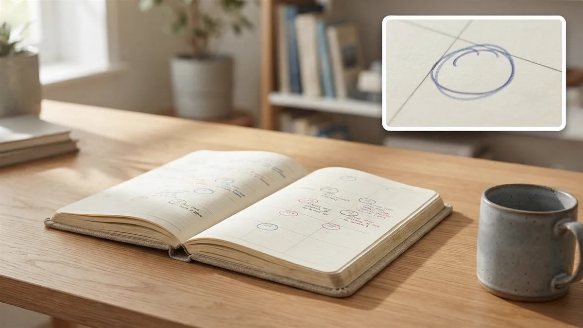 A paper diary open on a desk with several dates circled